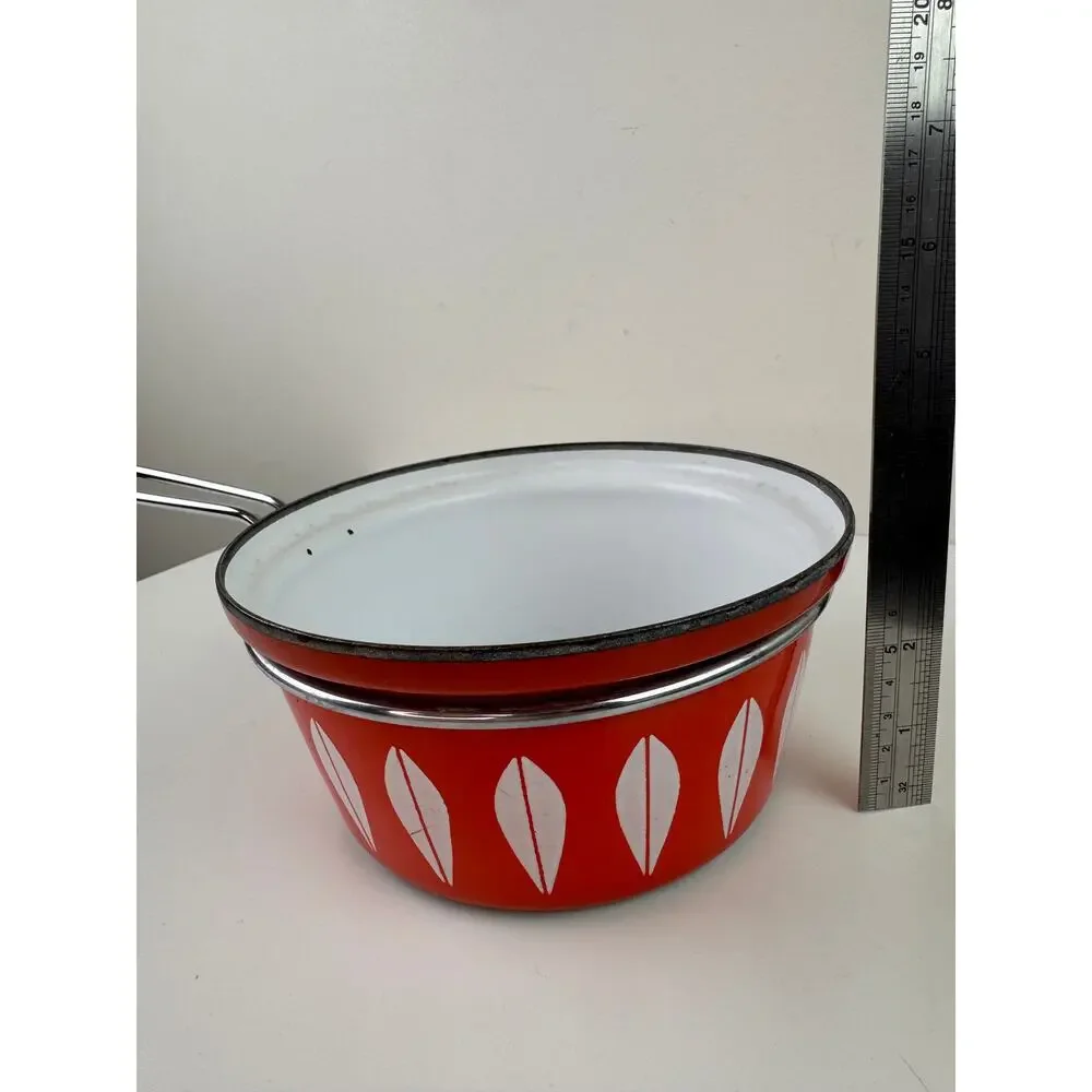 Vintage 1960's Cathrineholm Red White Lotus Pot w/Handle & Lid Made In Norway
